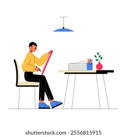Boy Drawing At Desk In Flat Vector Illustration Symbolizing Art, Creativity, And Learning, Isolated On White Background.