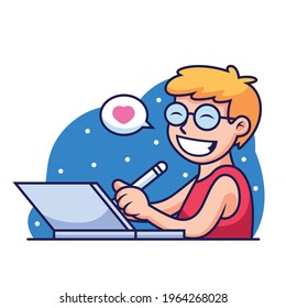 Boy Drawing in Laptop Cartoon. Vector Icon Illustration, Isolated Premium Vector