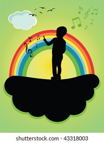 Boy drawing music notes on a rainbow