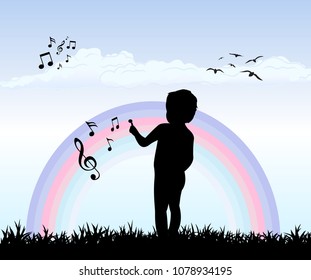 Boy drawing musical notes on a rainbow, vector illustration.