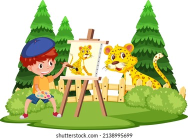 A boy drawing on canvas with tiger illustration