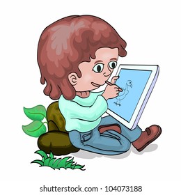 Boy drawing on tablet PC, isolated on white