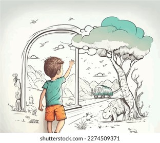 boy drawing on a wall vector illustration