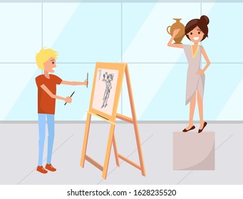 Boy drawing painting using palette vector, student with easel. Artist and model wearing antique greek clothes, woman standing with amphora. Classes in uni