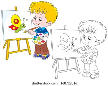 Boy drawing a picture with a funny butterfly