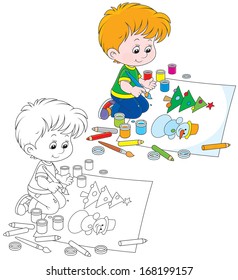 Boy drawing a picture with a funny snowman and Christmas tree