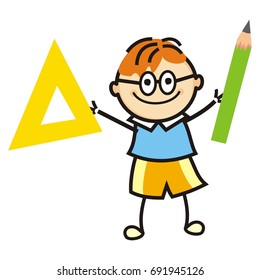 Boy and drawing supplies,triangle and pencil, vector icon, 
