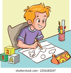 boy drawing at table cartoon vector