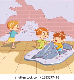 boy drawing in the wall with chalk at bedroom
