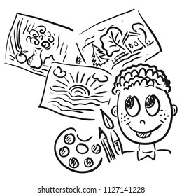 Boy and drawings. Vector illustration