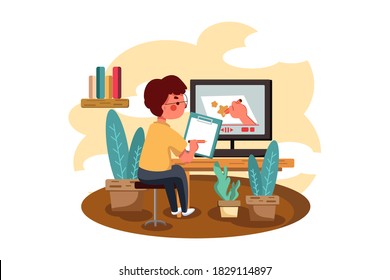 The boy draws according to the instructions of online teacher. Cartoon flat vector illustration isolated on white background.