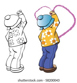 The boy draws heart on a wall. Contour and color