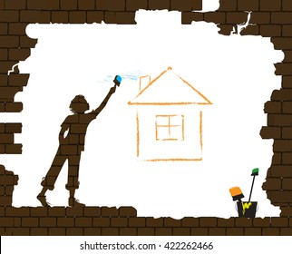 boy draws  the house by paint brash on the old broken brick wall, protect homeless children concept, home dream idea, graffiti, vector