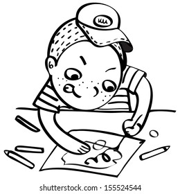 The boy draws intense