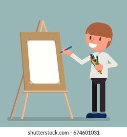 The boy draws with pencils. Hobby. Vector illustration, a flat style design.