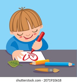 Der Junge zeichnet mit Bleistiften auf Papier. Die Kreativität der Kinder.