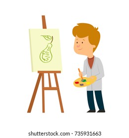 the boy draws a picture on an easel. vector illustration.
