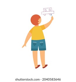 The boy draws a picture on the wall. Kids summer vacation, leisure or entertainment. Flat cartoon vector illustration isolated on a white background.