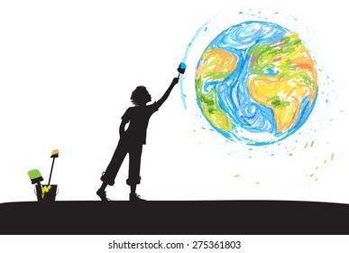 boy draws Planet Earth on white wall, save the planet, environment picture, create an emotion, shadows, black and white