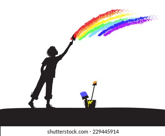 boy draws a rainbow on white wall, create an emotion, shadows, black and white