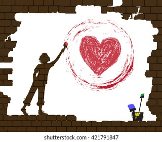 boy draws a red heart by paint on the old broken brick wall, life after war, new life after disaster idea, protect  homeless children idea graffiti, vector