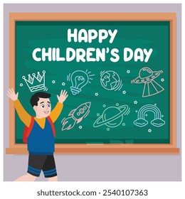 The boy draws scribbles on the blackboard. Inspiration for children's learning in science education. Children's Day concept. Flat vector illustration.