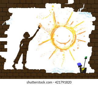 boy draws a sun by paint brash on the old broken brick wall, protect homeless children concept, new life after disaster idea, graffiti, vector