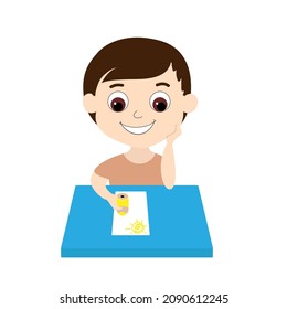 The boy draws the sun on paper with a pencil while sitting at the table close-up. The child is happy and smiling. Vector cartoon illustration isolated on white background. 