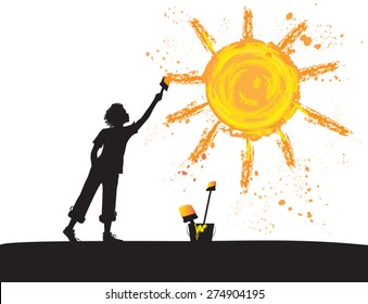 boy draws a sun on white wall, create an emotion, shadows, black and white