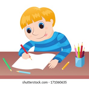 Boy Draws Table Cartoon Vector Illustration Stock Vector (Royalty Free ...