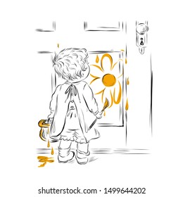 Boy draws yellow flowers on the wall. Young artist. Baby pranks. Coloring page. 