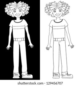 Boy with dreadlocks, black and white illustration