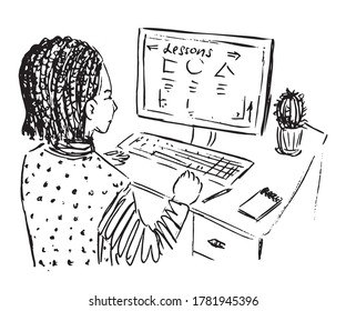 Boy with dreadlocks hairstyle sitting at home and studying lessons online on computer, table with cactus, back view, hand drawn ink doodle, sketch, black and white vector illustration