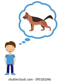 Boy dream about having dog. Dog inside think cloud. Vector illustration.