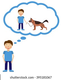 Boy dream about having dog. Dog inside think cloud. Vector illustration.