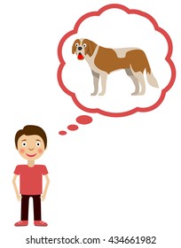 Boy dream about having dog. Little boy wishes for dog pet. Dog inside think cloud. Vector illustration.