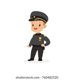 Boy dream of being grown up and working in police department. Kid dressed as police officer. Flat child character