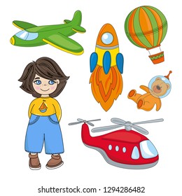 BOY DREAM Children Game Cartoon Vector Illustration Set for Print, Fabric and Design.