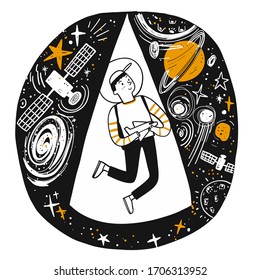 A boy dreaming about stars and space. Hand drawn, Vector Illustration doodle style.