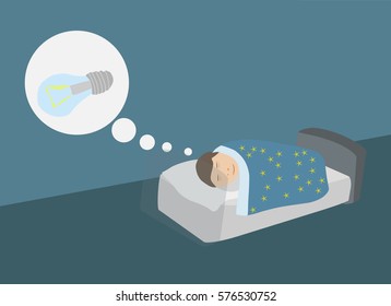 Boy dreaming good idea in sleep. Vector illustration. Bedroom. Flat design.