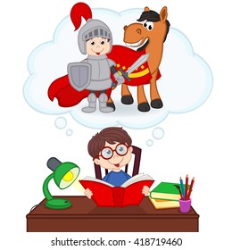 boy dreams of becoming knight - vector illustration, eps