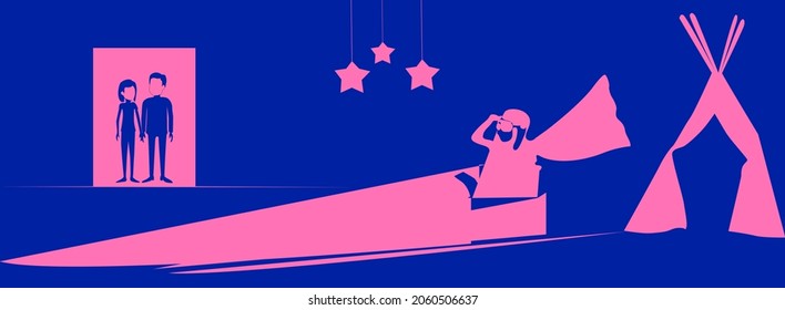 The boy dreams of space in the children's room with a cape at home dreams of riding a space shuttle, a rocket and family watching their children through the door