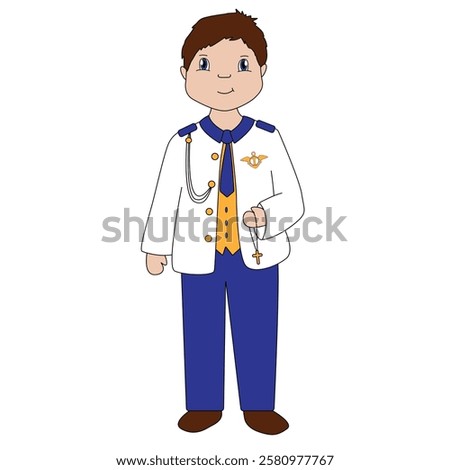 The boy dressed as admiral in his first communion.
