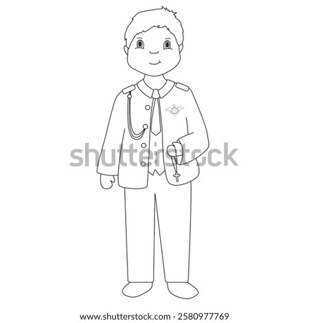 The boy dressed as admiral in his first communion. Outline illustration.