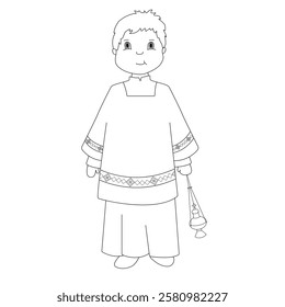 The boy dressed as a altar boy with the censer in his hand. Outline illustration.