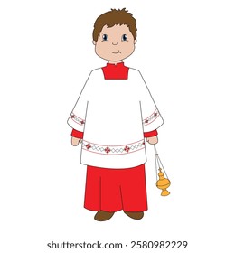 The boy dressed as a altar boy with the censer in his hand.