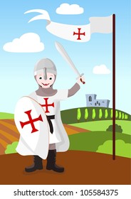 boy dressed in armor, with shield, sword and a red flag - vector illustration
