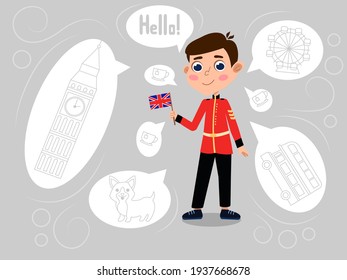 A boy dressed as a British guardsman. The child Is English. A landmark of the United Kingdom of Great Britain. Design for an English language learning school. Vector illustration. Flat, background