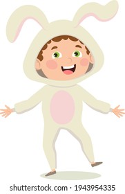 Boy dressed as a bunny for the spring holiday Easter.
Vector illustration in a flat style. Suitable for web design, children's books, children's parties.