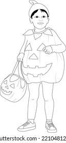 Boy dressed up in costumes for Halloween coloring page. He's holding pumpkin bag. kid celebrating Halloween. vector cartoon type coloring page